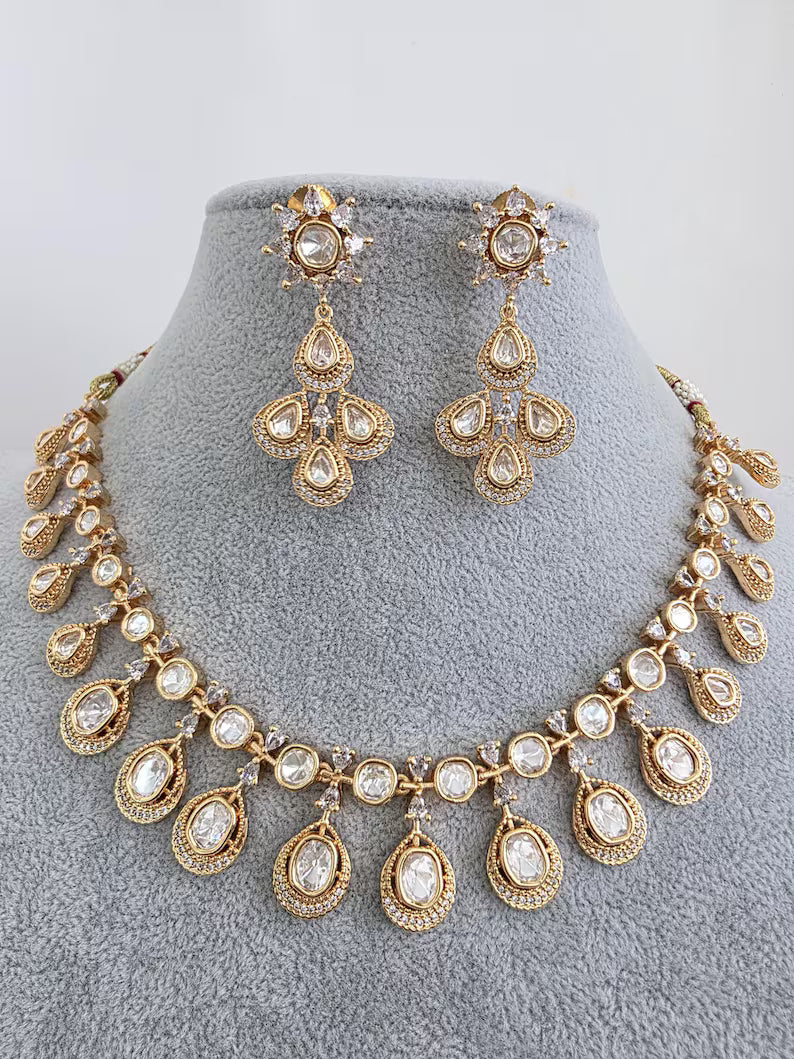 White Moissanite Kundan Necklace/Indian Kundan Set /Bollywood Jewelry/Indian wedding/Bridal Indian Wedding/Pakistani/Punjabi