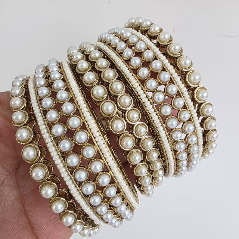 Antique Dull Gold Pearl Chooda set Bangles 6pcs/Punjabi chuda bangles set/Bridal bangles/Statement bangles/Indian Wedding /Chuda, Pakistani