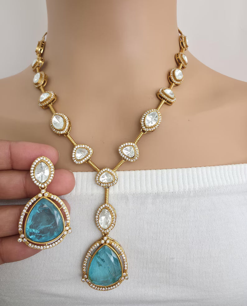 Aqua Blue Doublet Moissanite Kundan Necklace/Kundan Choker/Bollywood Jewelry/Indian wedding/Bridal jewelry/Indian Wedding/Pakistani/Punjabi