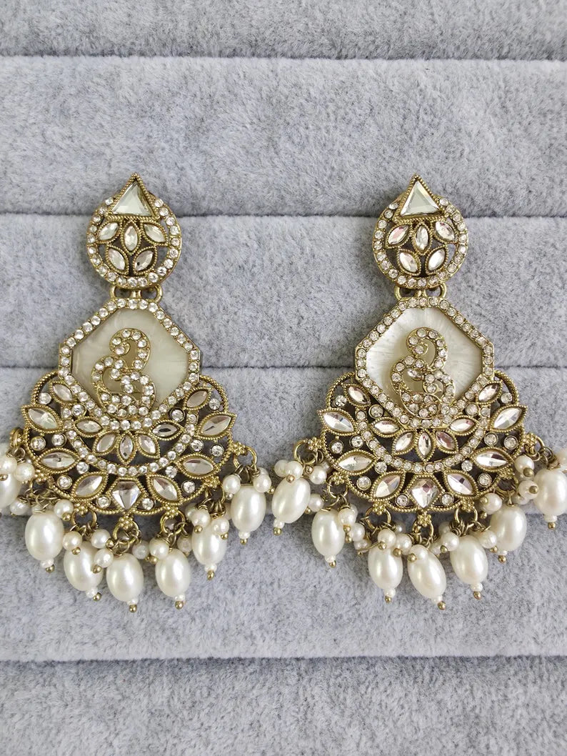 White Shadow stone Kundan Long Earrings/Indian Earrings/pearl Earrings/Pakistani Earrings/Statement Earrings/Long chandelier