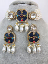 Blue Heritage Victorian moissanite polki Kundan choker Necklace, Inlay work Indian Bridal Jewelry, Bollywood, Indian Pakistani Necklace
