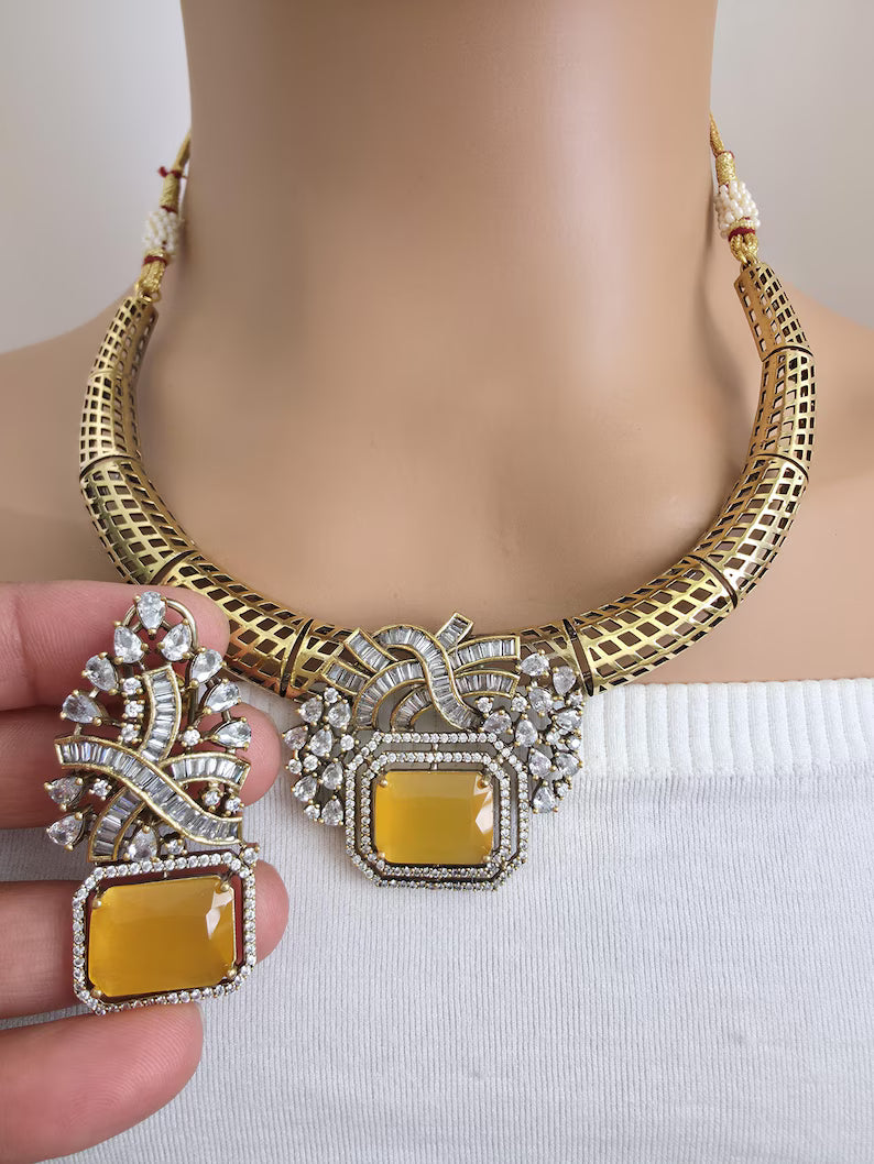 Yellow Antique Dull Gold CZ Monalisa Stone Hasli necklace set/CZ Necklace/Hasli Necklace, Statement necklace/Indian/Punjabi/Pakistani