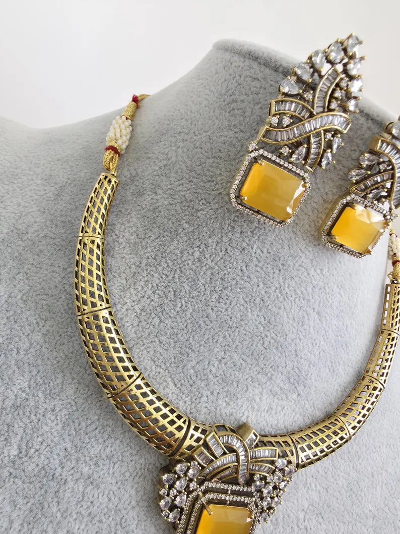 Yellow Antique Dull Gold CZ Monalisa Stone Hasli necklace set/CZ Necklace/Hasli Necklace, Statement necklace/Indian/Punjabi/Pakistani