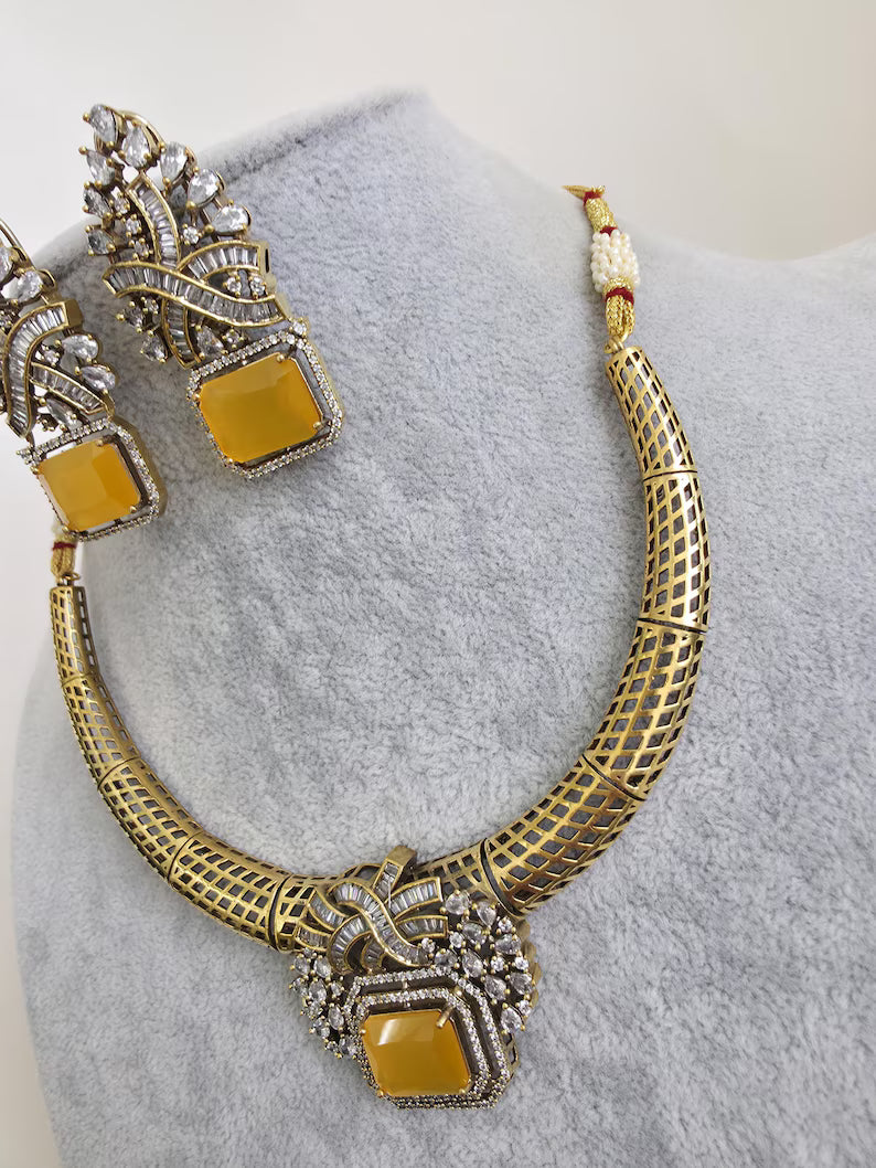 Yellow Antique Dull Gold CZ Monalisa Stone Hasli necklace set/CZ Necklace/Hasli Necklace, Statement necklace/Indian/Punjabi/Pakistani
