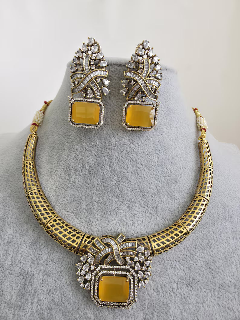 Yellow Antique Dull Gold CZ Monalisa Stone Hasli necklace set/CZ Necklace/Hasli Necklace, Statement necklace/Indian/Punjabi/Pakistani