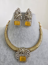 Yellow Antique Dull Gold CZ Monalisa Stone Hasli necklace set/CZ Necklace/Hasli Necklace, Statement necklace/Indian/Punjabi/Pakistani