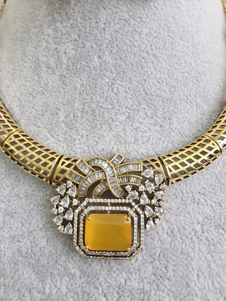 Yellow Antique Dull Gold CZ Monalisa Stone Hasli necklace set/CZ Necklace/Hasli Necklace, Statement necklace/Indian/Punjabi/Pakistani
