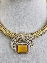 Yellow Antique Dull Gold CZ Monalisa Stone Hasli necklace set/CZ Necklace/Hasli Necklace, Statement necklace/Indian/Punjabi/Pakistani