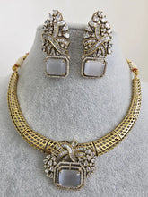 Gray Antique Dull Gold CZ Monalisa Stone Hasli necklace set/CZ Necklace/Hasli Necklace, Statement necklace/Indian/Punjabi/Pakistani