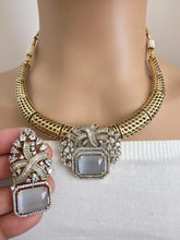 Gray Antique Dull Gold CZ Monalisa Stone Hasli necklace set/CZ Necklace/Hasli Necklace, Statement necklace/Indian/Punjabi/Pakistani