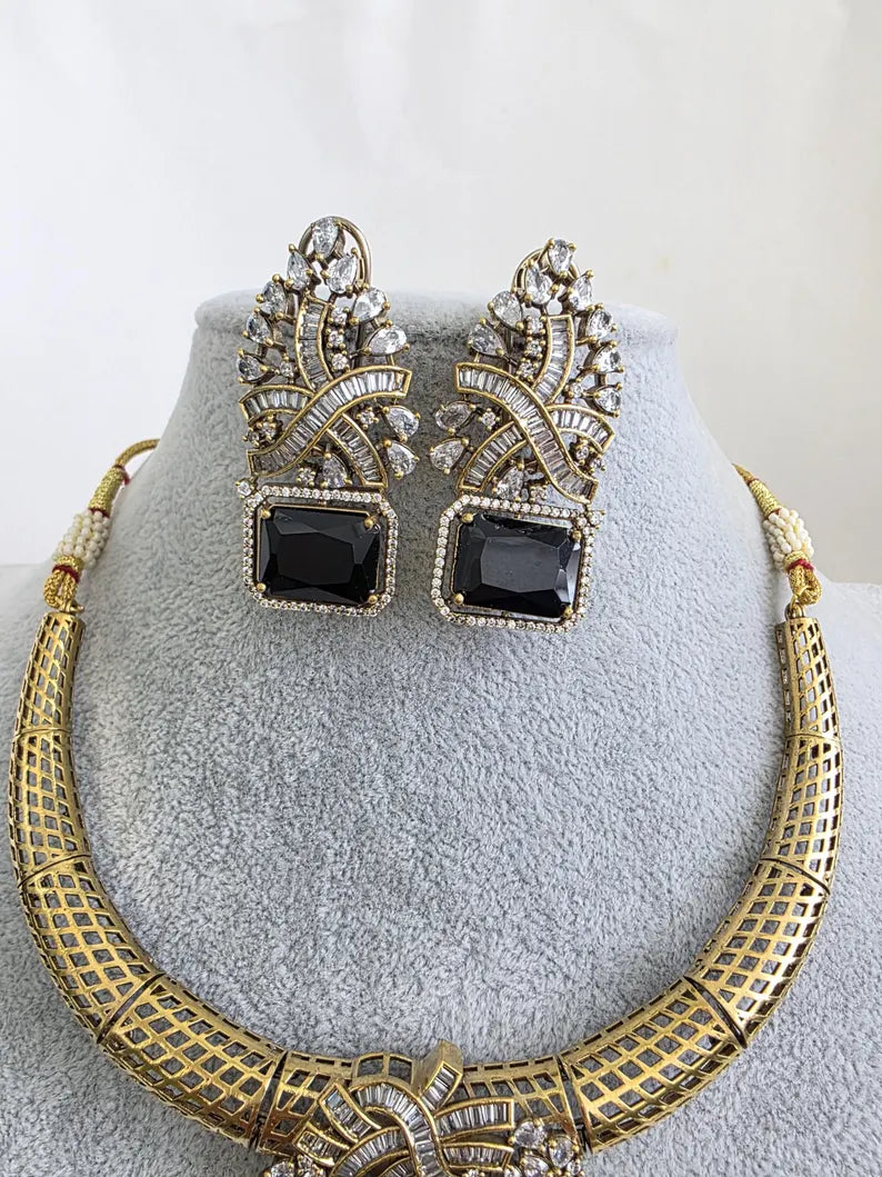 Black Antique Dull Gold CZ Monalisa Stone Hasli necklace set/CZ Necklace/Hasli Necklace, Statement necklace/Indian/Punjabi/Pakistani