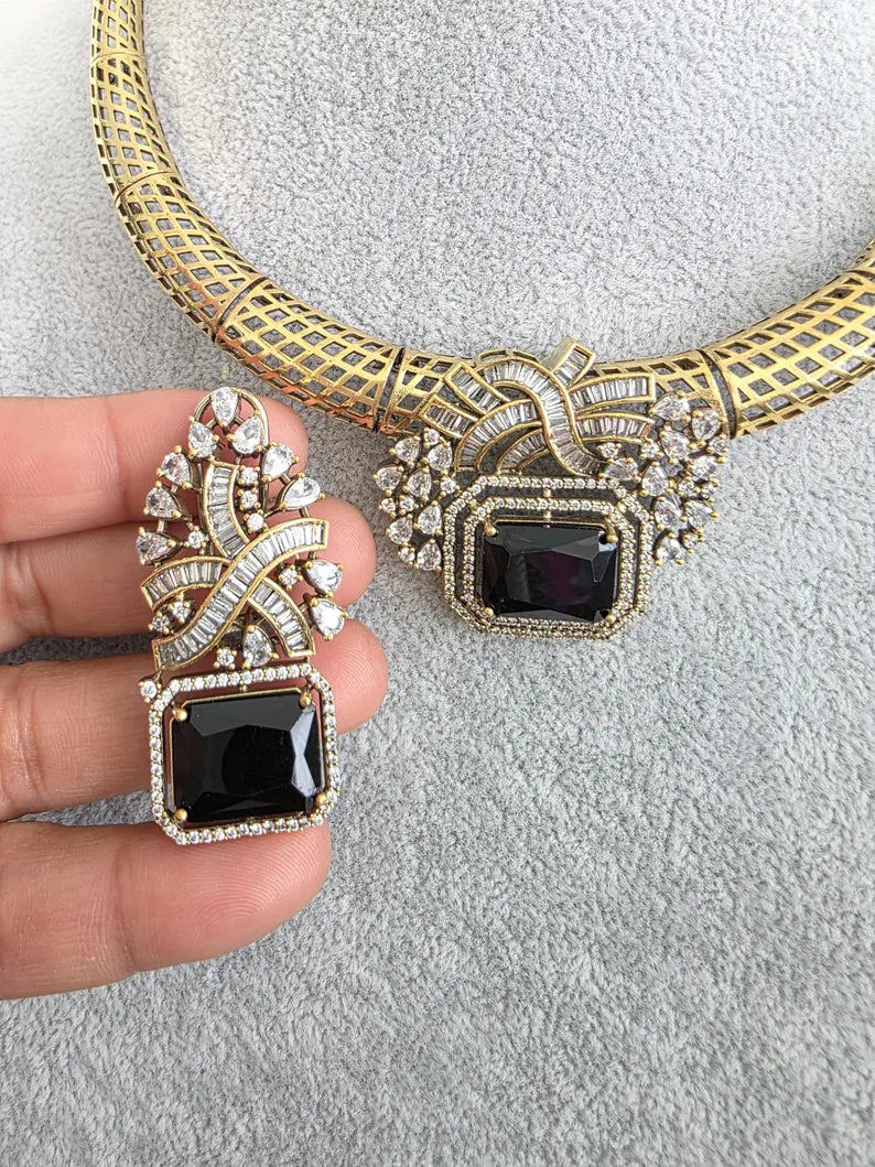 Black Antique Dull Gold CZ Monalisa Stone Hasli necklace set/CZ Necklace/Hasli Necklace, Statement necklace/Indian/Punjabi/Pakistani
