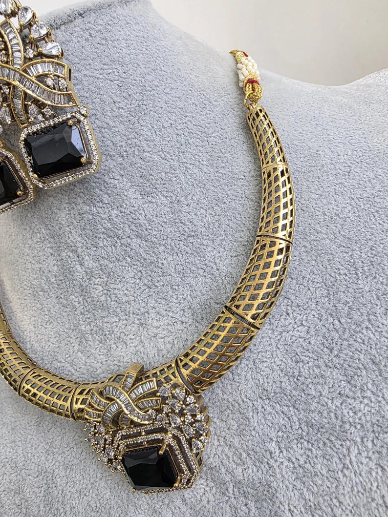 Black Antique Dull Gold CZ Monalisa Stone Hasli necklace set/CZ Necklace/Hasli Necklace, Statement necklace/Indian/Punjabi/Pakistani
