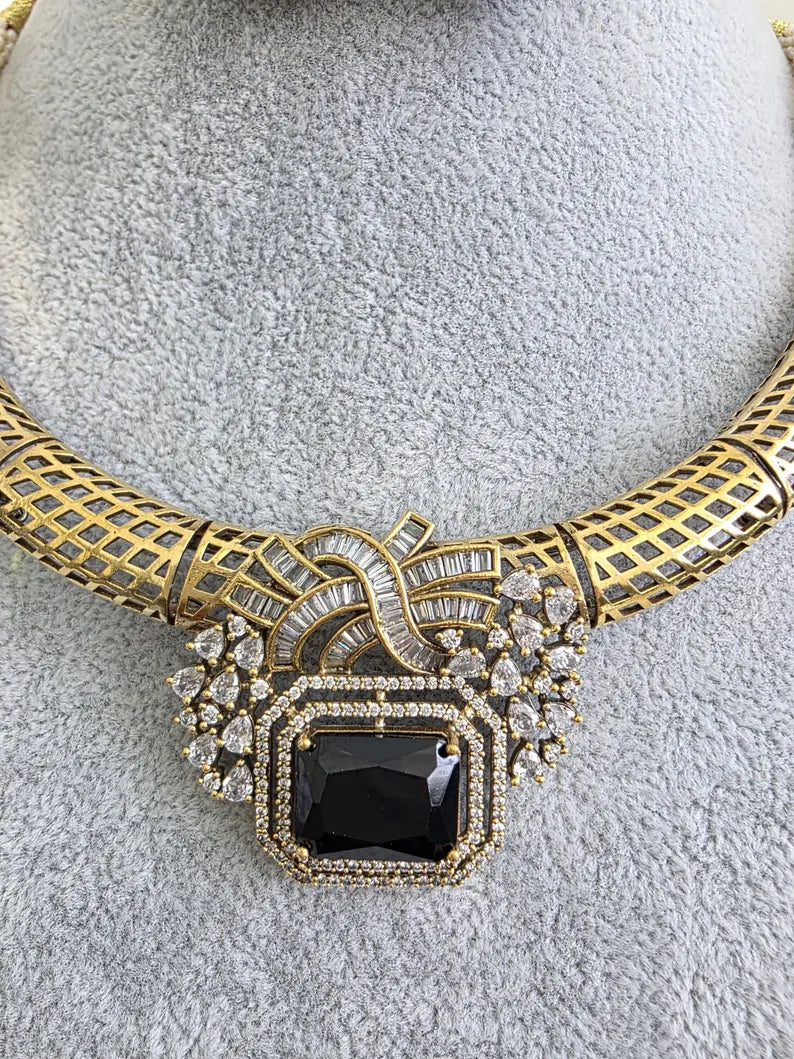 Black Antique Dull Gold CZ Monalisa Stone Hasli necklace set/CZ Necklace/Hasli Necklace, Statement necklace/Indian/Punjabi/Pakistani