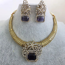 Purple Antique Dull Gold CZ Monalisa Stone Hasli necklace set/CZ Necklace/Hasli Necklace, Statement necklace/Indian/Punjabi/Pakistani