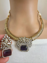Purple Antique Dull Gold CZ Monalisa Stone Hasli necklace set/CZ Necklace/Hasli Necklace, Statement necklace/Indian/Punjabi/Pakistani