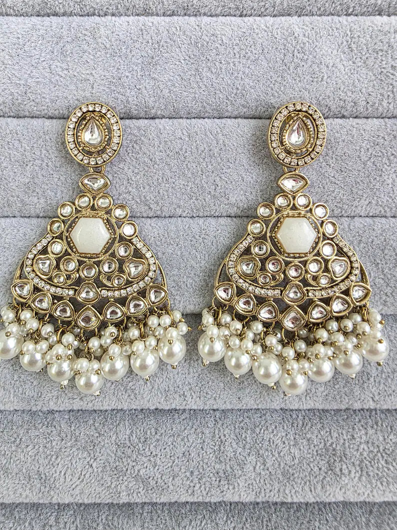 White Kundan Earrings/Indian Earrings/pearl Earring/Pakistani Earrings/Statement Earrings/Long chandelier/bridal earrings