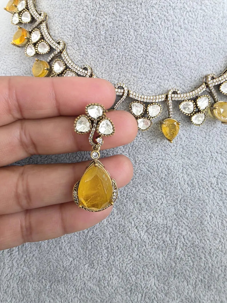 Yellow Doublet Moissanite Kundan Necklace/Kundan Choker/Bollywood Jewelry/Indian wedding/Bridal jewelry/Indian Wedding/Pakistani/Punjabi