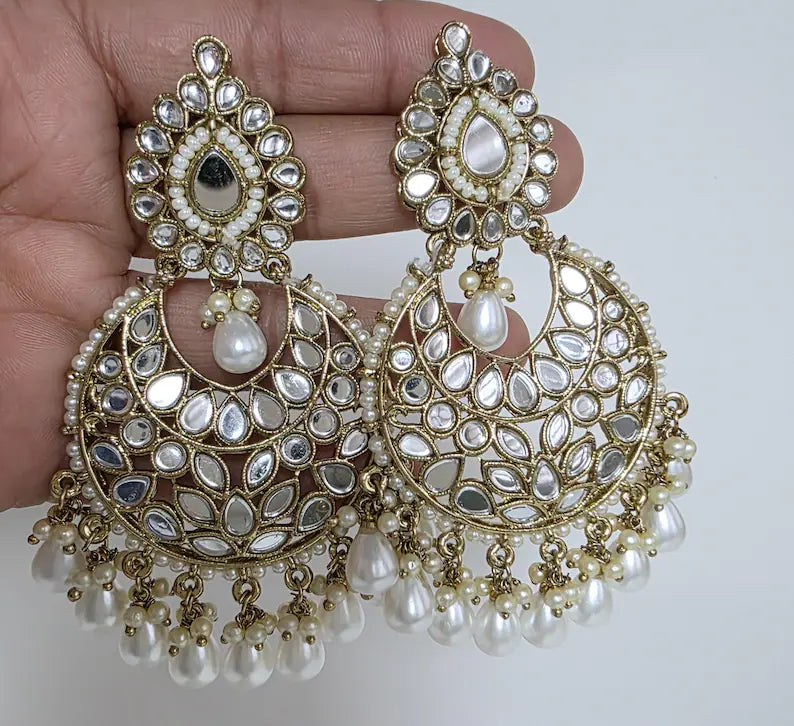 Bollywood oversized Mirror Chandbali Earrings/Indian Earrings/pearl Earring/Pakistani/Statement/Long chandelier/bridal/Indian wedding
