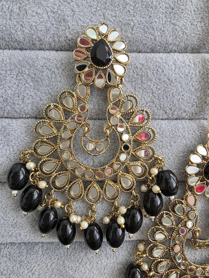 Black Mirror Earring Tikka set/Earrings,Maang Tikka/Teeka/Tika/MirrorJewelry/Bollywood/Pakistani/Bridesmaid Gifts/Bridal/Indian Wedding