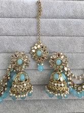 Aqua Blue Mirror stone bahubali jhumka with tikka, Mirror jhumnka, bahubali earrings, mirror jewelry for wedding, indian pakistani jewelry