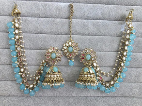 Aqua Blue Mirror stone bahubali jhumka with tikka, Mirror jhumnka, bahubali earrings, mirror jewelry for wedding, indian pakistani jewelry
