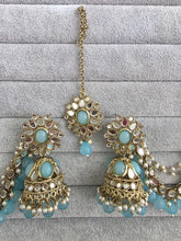 Aqua Blue Mirror stone bahubali jhumka with tikka, Mirror jhumnka, bahubali earrings, mirror jewelry for wedding, indian pakistani jewelry