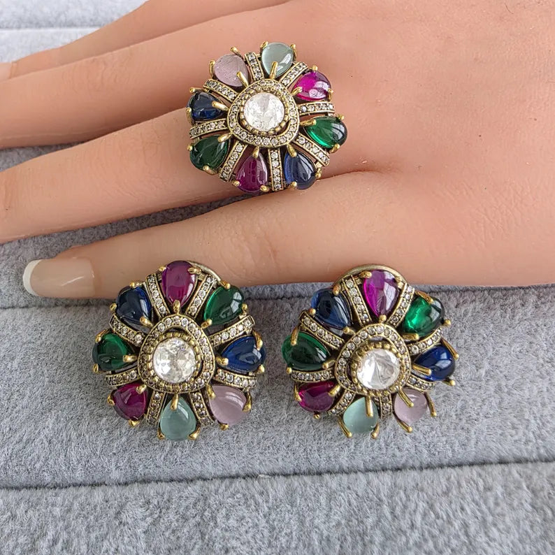 Multi Moissanite Polki Antique Dull Gold Stud Earrings with Finger Ring/Indian Jewelry/Victorian Stud Earring/Diamond Studs, Finger Ring