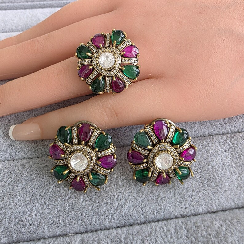 Ruby GreenMoissanite Polki Antique Dull Gold Stud Earrings with Finger Ring/Indian Jewelry/Victorian Stud Earring/Diamond Studs, Finger Ring