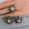 Ruby GreenMoissanite Polki Antique Dull Gold Stud Earrings with Finger Ring/Indian Jewelry/Victorian Stud Earring/Diamond Studs, Finger Ring