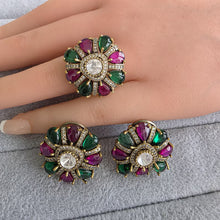 Ruby GreenMoissanite Polki Antique Dull Gold Stud Earrings with Finger Ring/Indian Jewelry/Victorian Stud Earring/Diamond Studs, Finger Ring