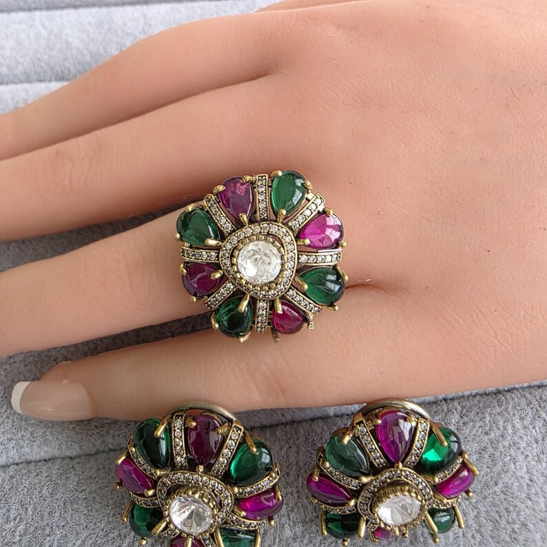 Ruby GreenMoissanite Polki Antique Dull Gold Stud Earrings with Finger Ring/Indian Jewelry/Victorian Stud Earring/Diamond Studs, Finger Ring