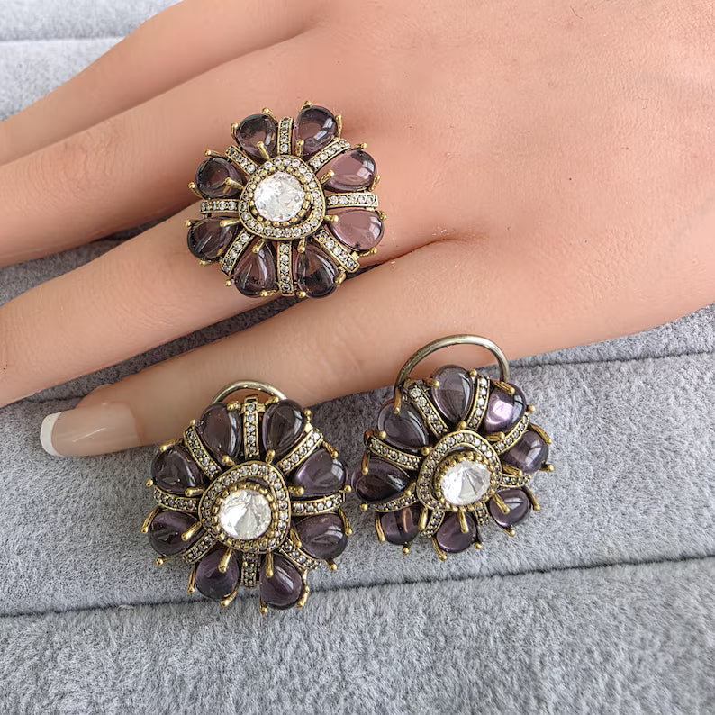 Purple Moissanite Polki Antique Dull Gold Stud Earrings with Finger Ring/Indian Jewelry/Victorian Stud Earring/Diamond Studs, Finger Ring