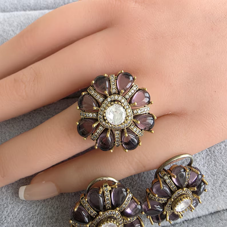 Purple Moissanite Polki Antique Dull Gold Stud Earrings with Finger Ring/Indian Jewelry/Victorian Stud Earring/Diamond Studs, Finger Ring