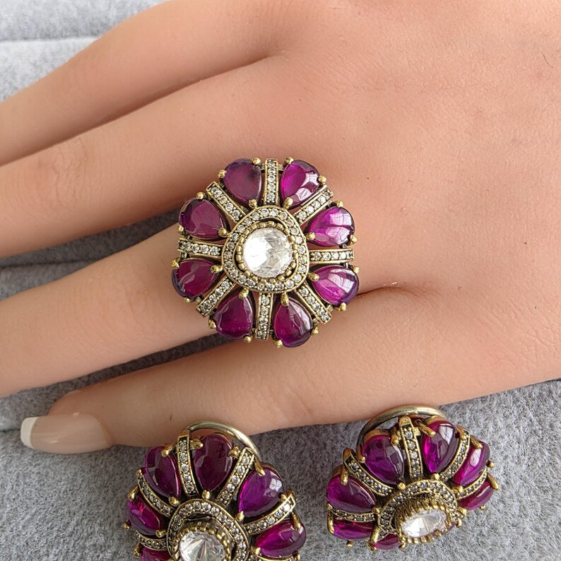 Ruby Moissanite Polki Antique Dull Gold Stud Earrings with Finger Ring/Indian Jewelry/Victorian Stud Earring/Diamond Studs, Finger Ring