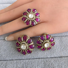Ruby Moissanite Polki Antique Dull Gold Stud Earrings with Finger Ring/Indian Jewelry/Victorian Stud Earring/Diamond Studs, Finger Ring