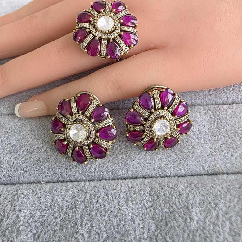 Ruby Moissanite Polki Antique Dull Gold Stud Earrings with Finger Ring/Indian Jewelry/Victorian Stud Earring/Diamond Studs, Finger Ring