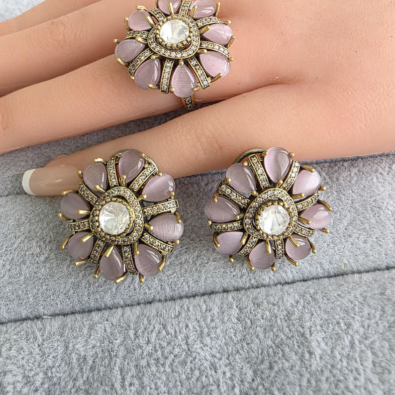 Pink Moissanite Polki Antique Dull Gold Stud Earrings with Finger Ring/Indian Jewelry/Victorian Stud Earring/Diamond Studs, Finger Ring