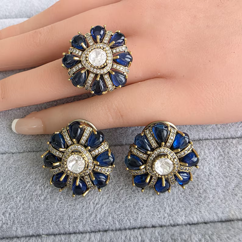 Blue Moissanite Polki Antique Dull Gold Stud Earrings with Finger Ring/Indian Jewelry/Victorian Stud Earring/Diamond Studs, Finger Ring