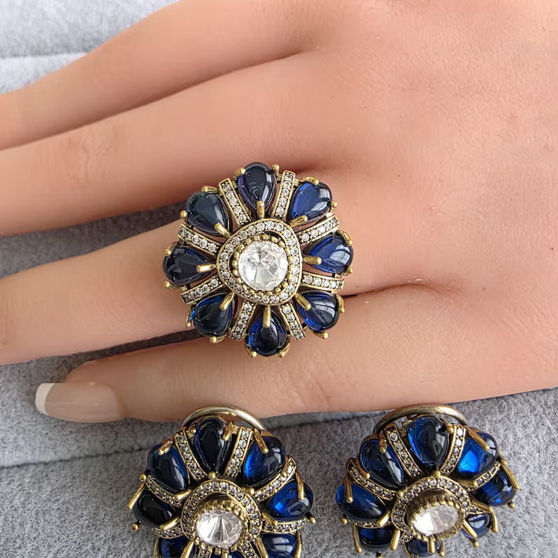 Blue Moissanite Polki Antique Dull Gold Stud Earrings with Finger Ring/Indian Jewelry/Victorian Stud Earring/Diamond Studs, Finger Ring