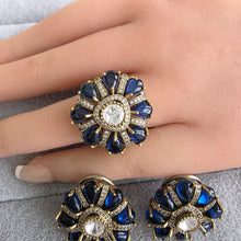 Blue Moissanite Polki Antique Dull Gold Stud Earrings with Finger Ring/Indian Jewelry/Victorian Stud Earring/Diamond Studs, Finger Ring