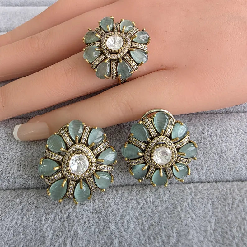 Mint GreenMoissanite Polki Antique Dull Gold Stud Earrings with Finger Ring/Indian Jewelry/Victorian Stud Earring/Diamond Studs, Finger Ring