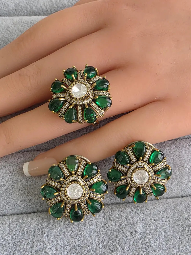 Green Moissanite Polki Antique Dull Gold Stud Earrings with Finger Ring/Indian Jewelry/Victorian Stud Earring/Diamond Studs, Finger Ring