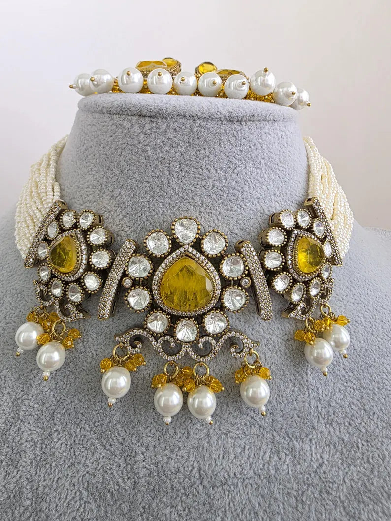 YellowDoublet Moissanite Pearl Kundan Necklace/Kundan Choker/Bollywood Jewelry/Indian wedding/Bridal jewelryIndian Wedding/Pakistani/Punjabi