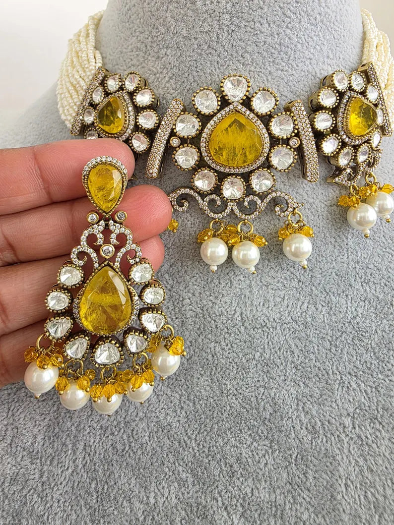 YellowDoublet Moissanite Pearl Kundan Necklace/Kundan Choker/Bollywood Jewelry/Indian wedding/Bridal jewelryIndian Wedding/Pakistani/Punjabi