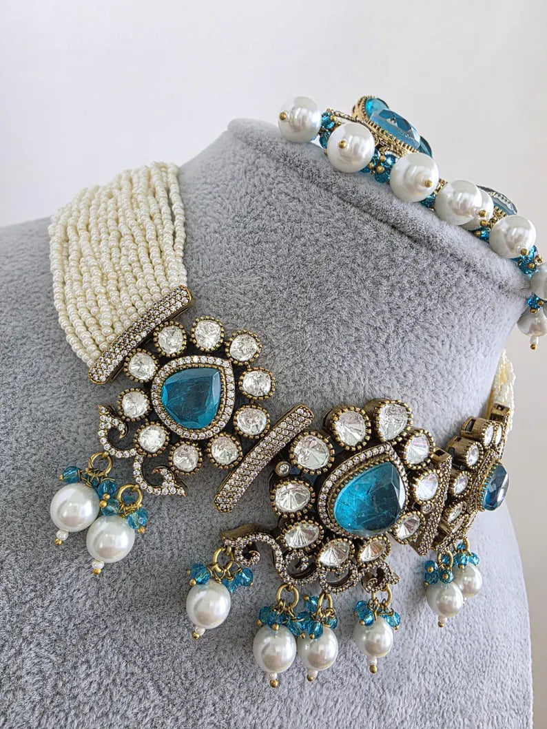 Aqua Blue Doublet Moissanite Pearl Kundan Necklace/Kundan Choker/Bollywood Jewelry/Indian wedding/Bridal jewelry/Indian Wedding/Pakistani