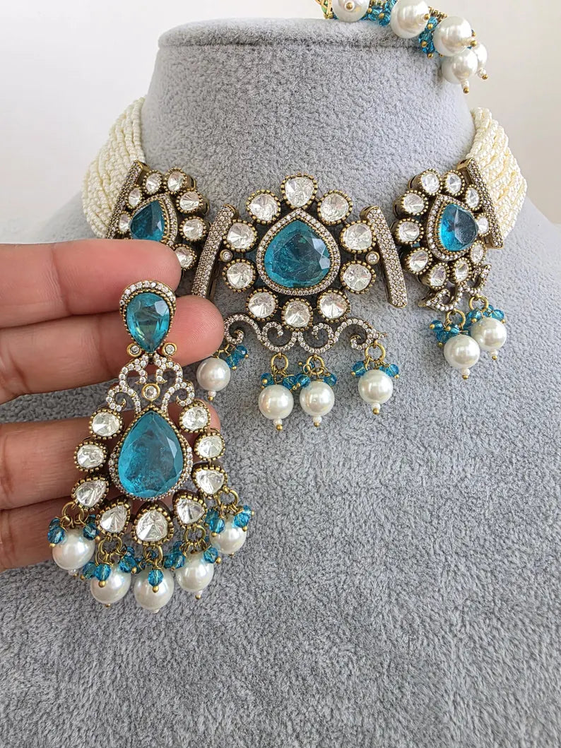 Aqua Blue Doublet Moissanite Pearl Kundan Necklace/Kundan Choker/Bollywood Jewelry/Indian wedding/Bridal jewelry/Indian Wedding/Pakistani