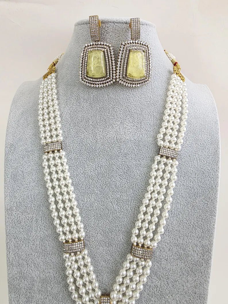 Yellow Doublet Pearl CZ Diamond long necklace/Indian jewelry/Doublet rani haar/Mala necklace set/Indian Wedding/Indian Pakistani Jewelry