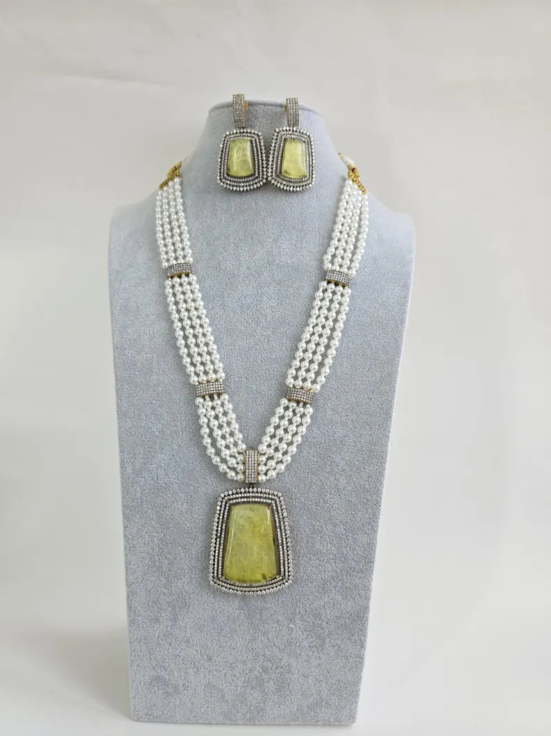 Yellow Doublet Pearl CZ Diamond long necklace/Indian jewelry/Doublet rani haar/Mala necklace set/Indian Wedding/Indian Pakistani Jewelry