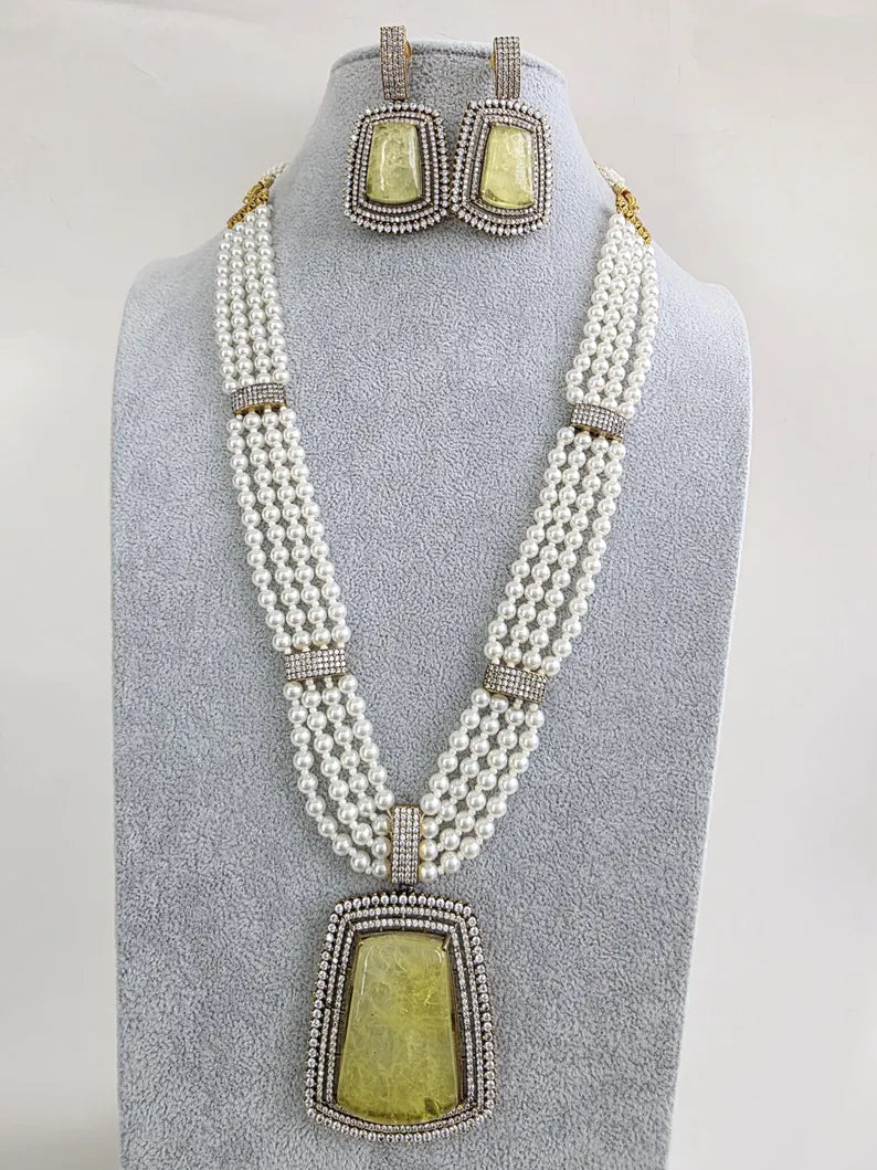 Yellow Doublet Pearl CZ Diamond long necklace/Indian jewelry/Doublet rani haar/Mala necklace set/Indian Wedding/Indian Pakistani Jewelry